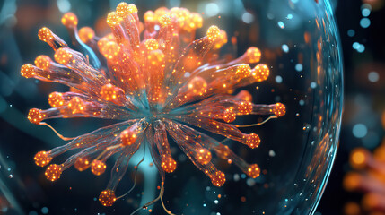 Magnificent flower shining with calm blue glow and water reflections captured