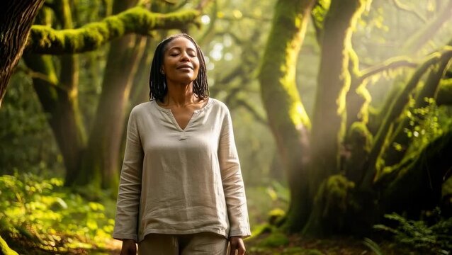 Walking through the forest, a woman finds joy and connection with nature in the morning light among the trees and greenery