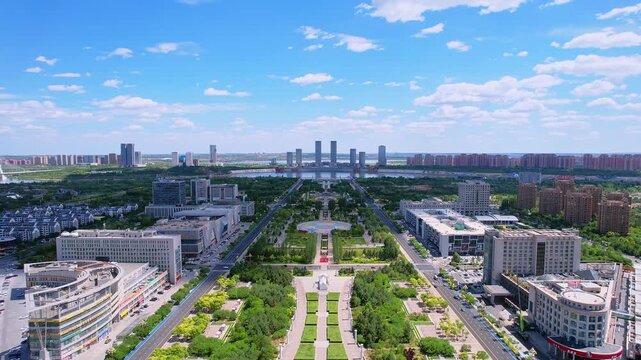 Aerial view of Two Steeds Square in Kangbashi New District, Ordos, Inner Mongolia, China
