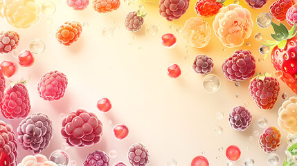 Fresh raspberries and strawberries with bubbles on pastel background