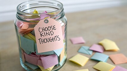 Close up of a jar filled with folded affirmation notes - Choose Kind Thoughts