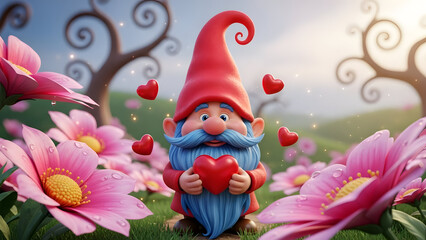Gnome holding heart in a field of flowers