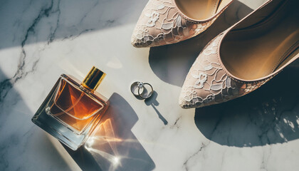 Bridal accessories arranged on marble background, flatlay with wedding rings, elegant white lace bridal shoes, bride's perfume fragrance bottle for inspiration