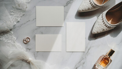Mock-up with bridal accessories arranged on marble background, flatlay with blank cards for wedding invitation or save-the-date, elegant white bridal shoes, wedding rings, lace, bride's perfume bottle
