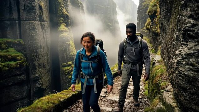Two hikers walk through a narrow path in a mountain canyon with mist and rocky cliffs surrounding them