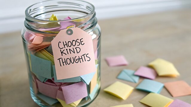 Close up of a jar filled with folded affirmation notes - Choose Kind Thoughts