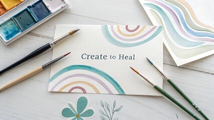 Flat lay of watercolor brushes and calming artwork with inspirational quote encouraging us to Create to Heal