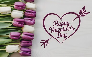 Fototapeta premium Happy Valentine's Day Greeting Card with Purple and White Tulips on a Light Background with a Heart and Arrow Graphic