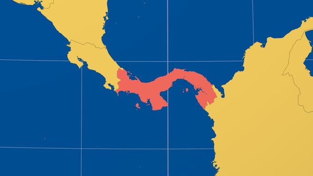 Panama on Globe. Animated zoom into the country in Ocean Blue Golden Yellow color palette. Panama logo animation. Map with meridians, parallels. Artistic video.