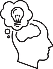 A person's head with a lightbulb in a thought bubble symbolizing an emerging idea or inspiration isolated on white background
