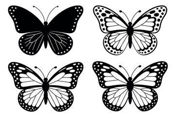 Obraz premium Black and White Butterfly Silhouettes with Polka Dots on Wings, Insect Illustrations