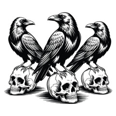 Obraz premium Three ravens perched on human skulls a dramatic gothic illustration