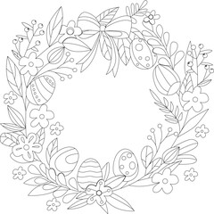 БезымянEaster-themed vector coloring page, Easter wreath outline for coloring, relaxing coloring of a spring wreath with Easter eggsный-3