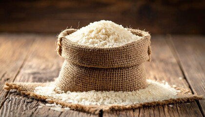 A Burlap Sack Overflowing with Freshly Milled Flour on a Rustic Wooden Table.
