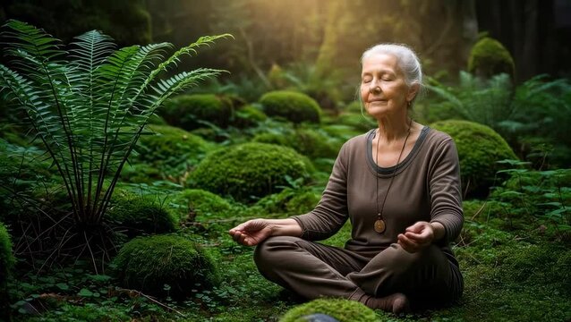 Meditation practice in a forest setting with a woman sitting quietly among green plants in morning light
