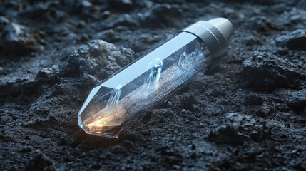 Shimmering mineral capsule rests upon scorched volcanic landscape with fractured surfaces