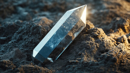 Shimmering mineral capsule rests upon scorched volcanic landscape with fractured surfaces