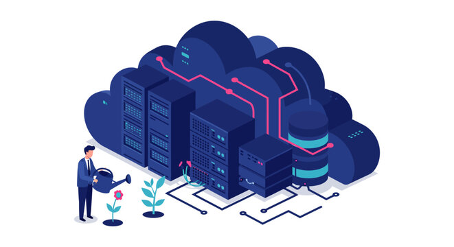 cloud computing solutions a businessman waters digital plants linked to servers in an isometric cloud symbolizing tech investment.