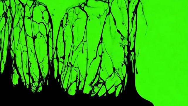 Dramatic black ink or slime spreading and dripping downwards against a chroma key green background.