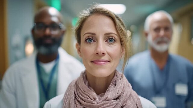 The Dedication: A group of dedicated healthcare workers stands together in a hospital corridor, radiating professionalism and compassion, symbolizing the unwavering commitment to patient care.