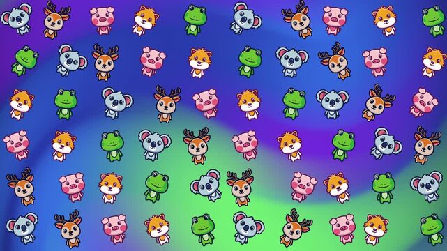 Several rows of small frog, deer, koala, and pig icons for use in graphic designs, childrens illustrations, and educational material.
