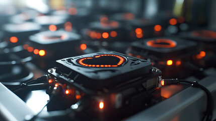 Swappable battery pack with heart-rate monitor style LEDs being inserted into a delivery drone's chassis