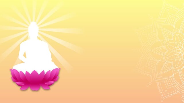 Lord buddha in Dhyana Mudra with lotus flower and chakra copy space animated Vesak day concept background backdrop 4k loop