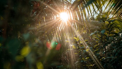 Light Shining Through Palm Leaves During the Day in a Tropical Location