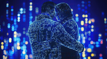 Two luminous cyborgs connect amid electric neon and holographic sparks