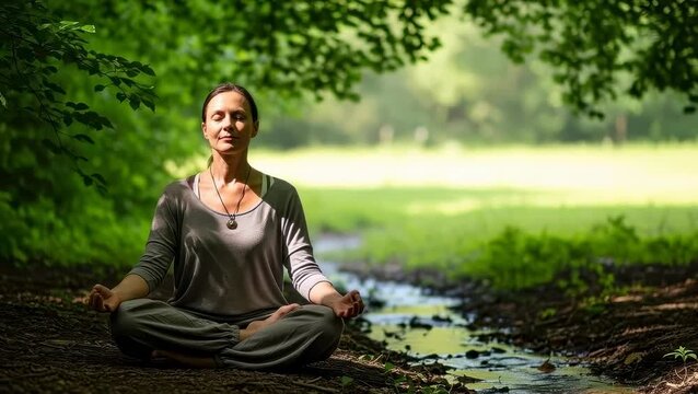 Woman sits by stream in forest, practicing meditation during daytime in nature