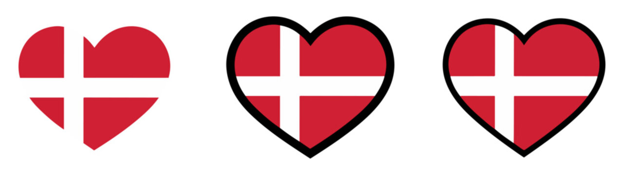denmark flag heart shape vector set
