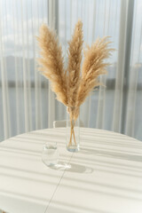 Home table decor, vase with dry flower top view on white background isolated . copy space, Aesthetic scandinavian interior accessories. Minimalistic home decor