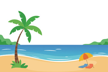 Obraz premium Minimalist Tropical Beach Scene Illustration with Sun Loungers and Umbrella