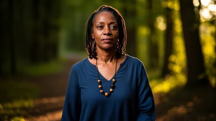 Woman walks along forest path in afternoon light enjoying nature in peaceful setting while wearing a blue top with necklace