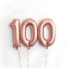 rose gold number hundred balloon celebration decoration isolated on white background for party and anniversary events