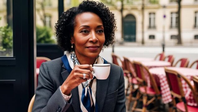 Woman enjoys coffee at a cafe in Paris while sitting outside on a pleasant day with empty tables around her