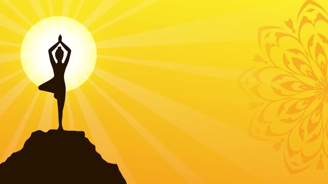 yoga surya namaskar pose meditating silhouette animated Backdrop with yellow color sun and chakra mandala in the background 4k loop