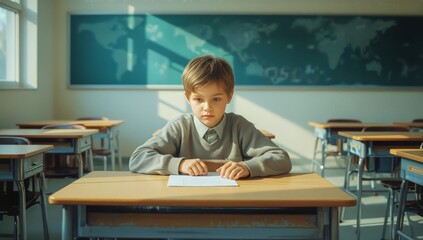 Young Student Sits at a Desk in an Empty Classroom Focused on Papers in the Afternoon Light