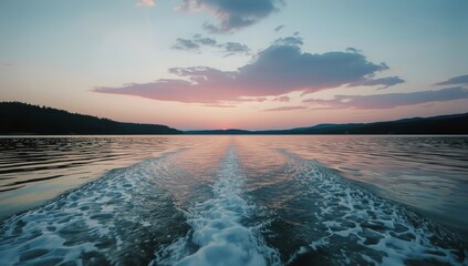 Sunset View Over Water With Boat Wake in the Foreground and Hills in the Background