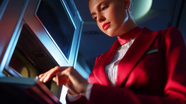 A professional flight attendant in a vibrant red uniform assists passengers with an in-flight service, showcasing dedication and elegance while interacting with an advanced cabin feature.