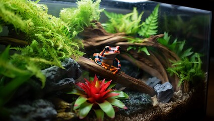 Obraz premium Vibrant Frog on Branch in Lush Green Terrarium