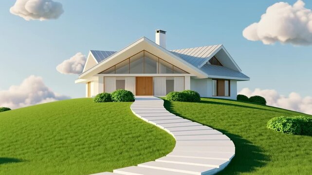 Beautiful house on a hill with a winding path and blue sky during the day