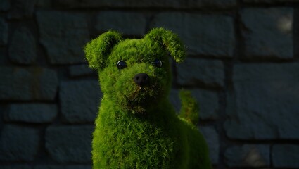Obraz premium Green Moss Bear Sculpture Against Stone Wall Background