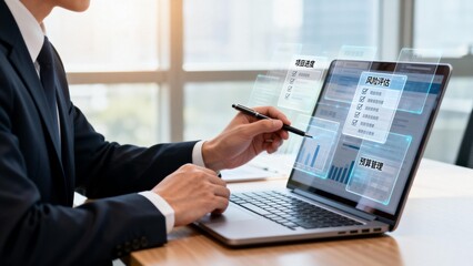 Businessman using laptop with data analysis