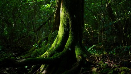Obraz premium Ancient Mossy Tree in Lush Green Forest Landscape