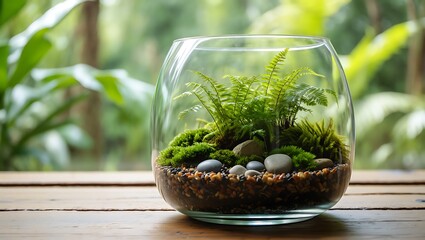 Obraz premium Terrarium with Ferns and Moss on Wooden Table
