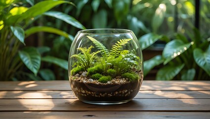 Obraz premium Terrarium with ferns on wooden table in lush garden