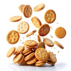 assorted crunchy biscuits and crackers falling in motion isolated on white background for snack food concept