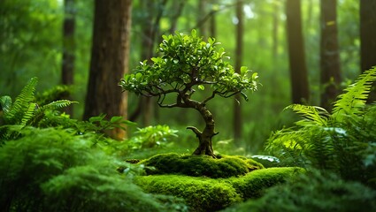 Obraz premium Lush Forest Tree with Mossy Base and Ferns