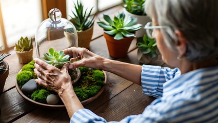 Obraz premium Elderly hands planting succulents in a decorative bowl